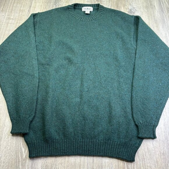 L.L. Bean Mens Green Crew Neck Balloon Sleeve 90s Wool Knitted Sweater Size L - Picture 1 of 9